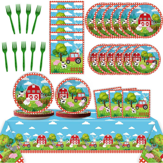 98 Pieces Farm Animals Party Decorations Barn Animals Tableware Set Plates Napkins Tablecloth Farmhouse Birthday Party Supplies Kit for Kids Farm Table Cover Tableware Party Favors 24 People