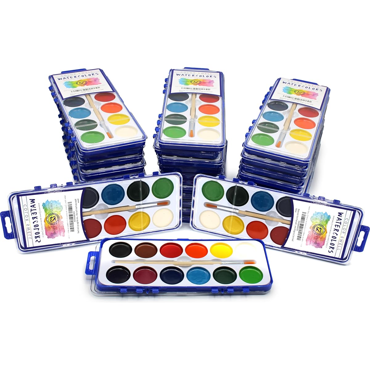 36 Pack Bulk Watercolor Paint Pack with Wooden Brushes, 12 Colors, 25% More Paint