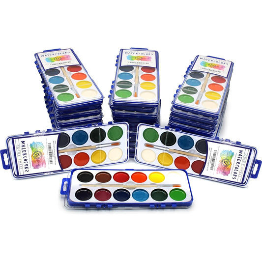 36 Pack Bulk Watercolor Paint Pack with Wooden Brushes, 12 Colors, 25% More Paint