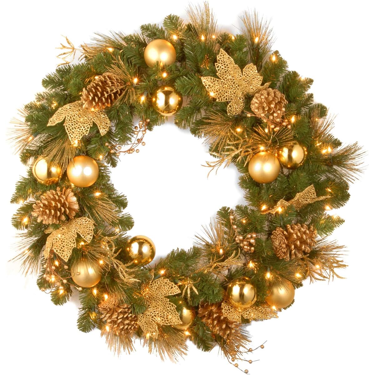 National Tree Company Pre-Lit Artificial Christmas Wreath Green Elegant White Light Pine Cone Decorations Berry Cluster Ball Ornaments Christmas Collection 24"