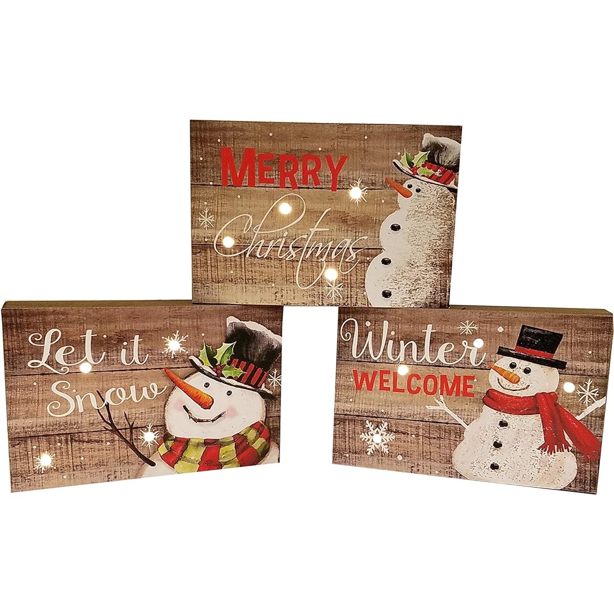 SeasonsEasy LED Lighted Snowman Wooden Block Plaque with Automatic Timer Christmas Decoration Wall Sign Tabletop Decoration Battery Operated 11.8 x 11.8 x 1.25 inches