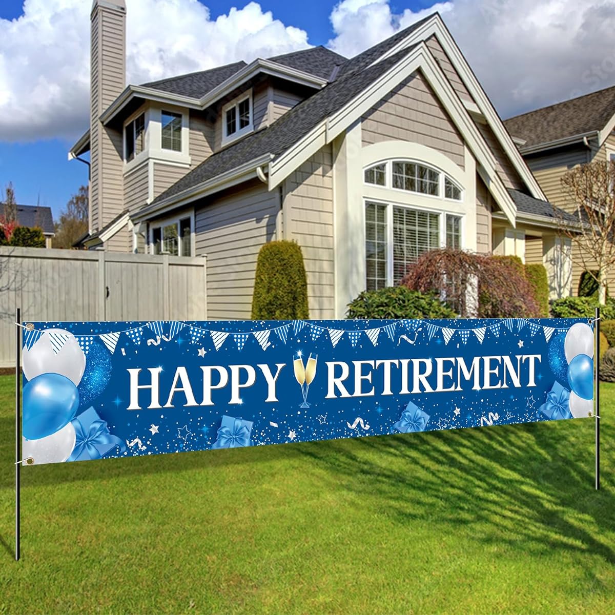Retirement Party Decorations Happy Retirement Banner - Blue and White Retirement Yard Sign Backdrop Hanging Decorations for Indoor Outdoor Retirement Party Supplies(10x2ft)