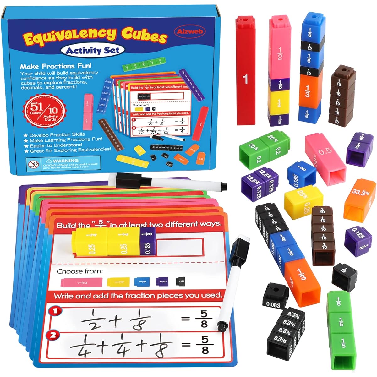 Aizweb Interlocking Fraction Cube Activity Set - Elementary School Math Operations, Equivalent Fraction Operations, Percent Cubes, Decimal Cubes, Homeschool Supplies