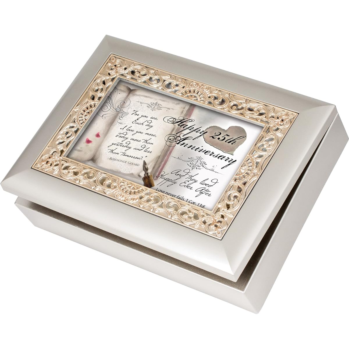 Happy 25th Anniversary Cottage Garden Champagne Silver Silver Jewelry Music Box - Plays Song Amazing Grace by Cottage Garden