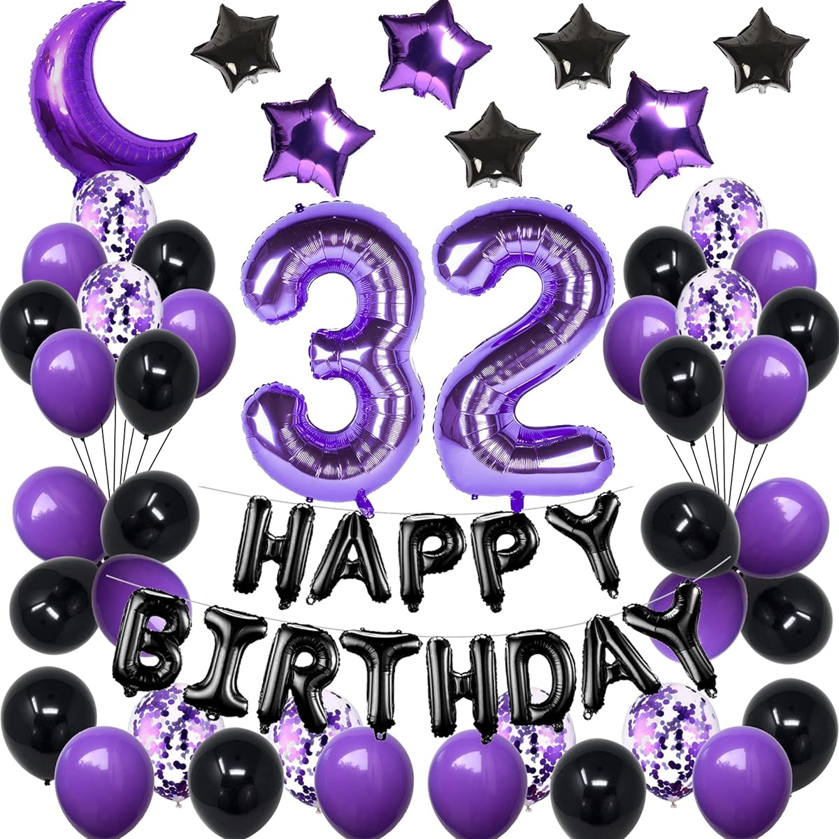 NANINUNENO 32nd Birthday Decorations Set for Girls Women Boys Men Purple Black 32pcs Happy Birthday Balloons Supplies Purple Number Balloons 32pcs Happy Birthday Banner and Moon Balloons