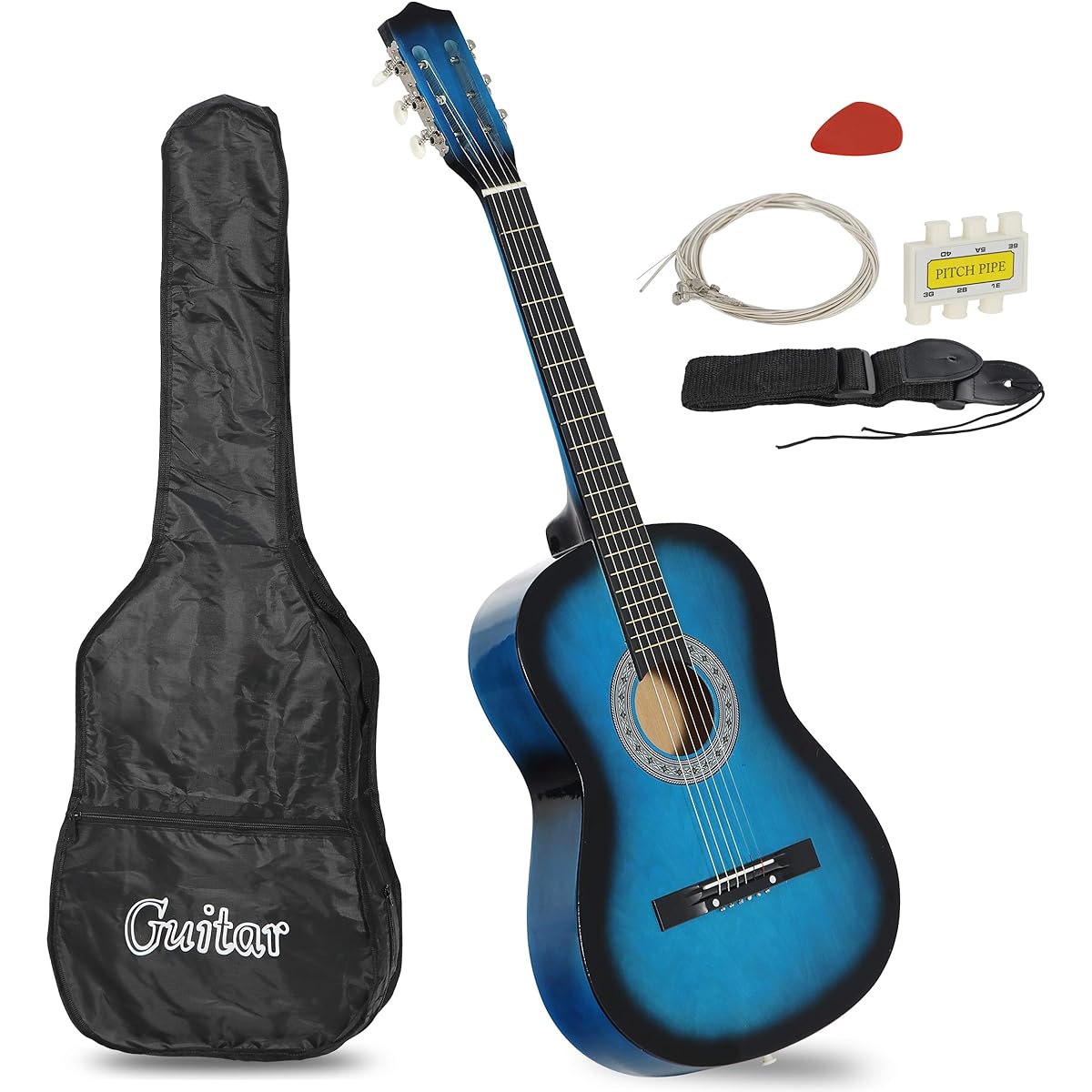Smartxchoices 6 String 38" Acoustic Guitar with Gig Bag Strap, Pitch Pipe, Extra String Set, Pick for Kids, Beginner, Newbie, Youth, Student, Right Handed (Blue)