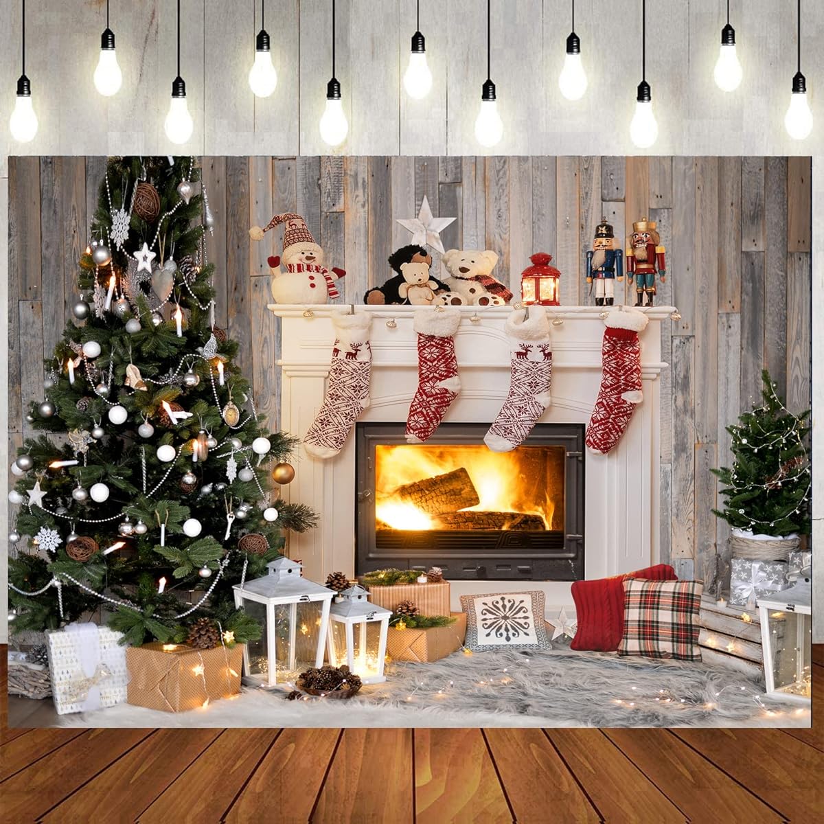 LTLYH 8x6ft Christmas Fireplace Backdrop Christmas Photo Backdrop Christmas Tree Gift Party Decoration Backdrop Christmas Photo Props Booth Banner Backdrop