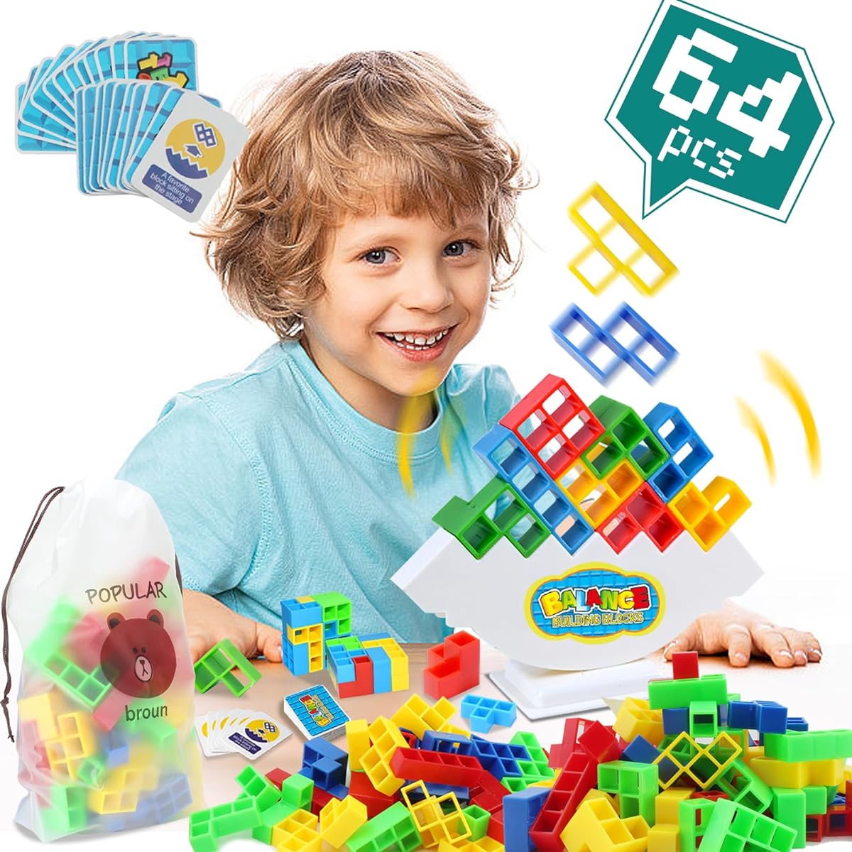 Chahot Tetra Tower Balance Stacking Block Game 64 Pieces Balance Board Game for Kids & Adults Tetris Tower Game Family Game Perfect for Party Travel Family Game