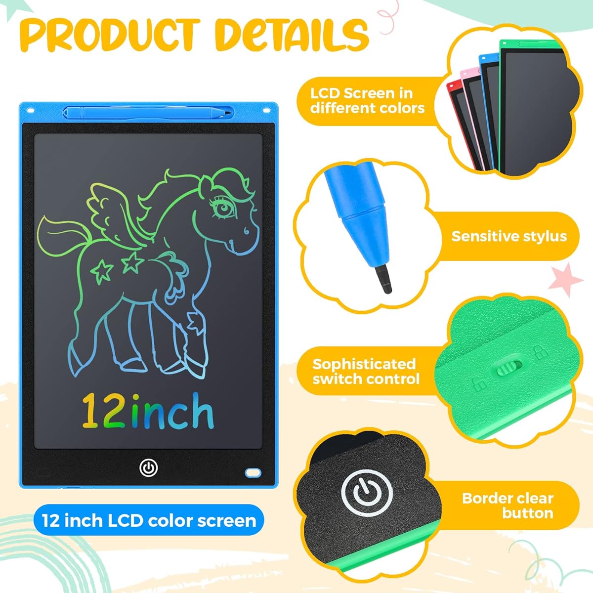 4pcs LCD Writing Tablet 12inch Colorful Kids Erasable Drawing Board Learning Toys for Birthday Children's Day 2-10 Years Old Girls Boys Toddlers