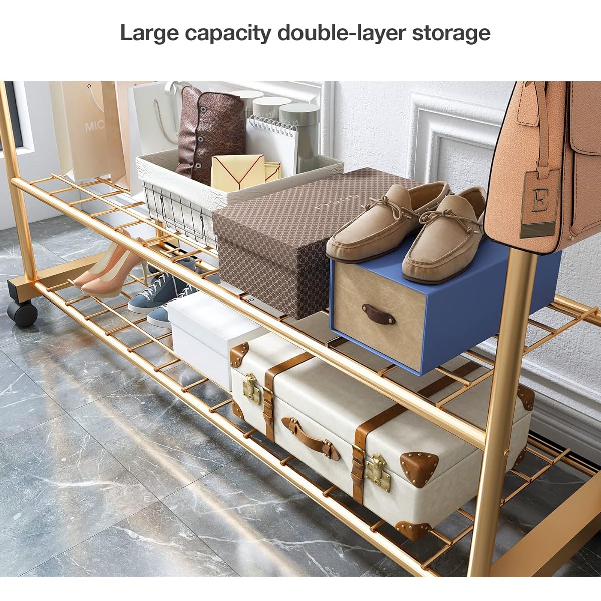 Thick Forest 2 Tier Clothes Rack with Casters Clothes Rack Rolling Rack Metal Rolling Clothes Rack with 2 Tier Shelves Clothes Storage Organizer (Gold)
