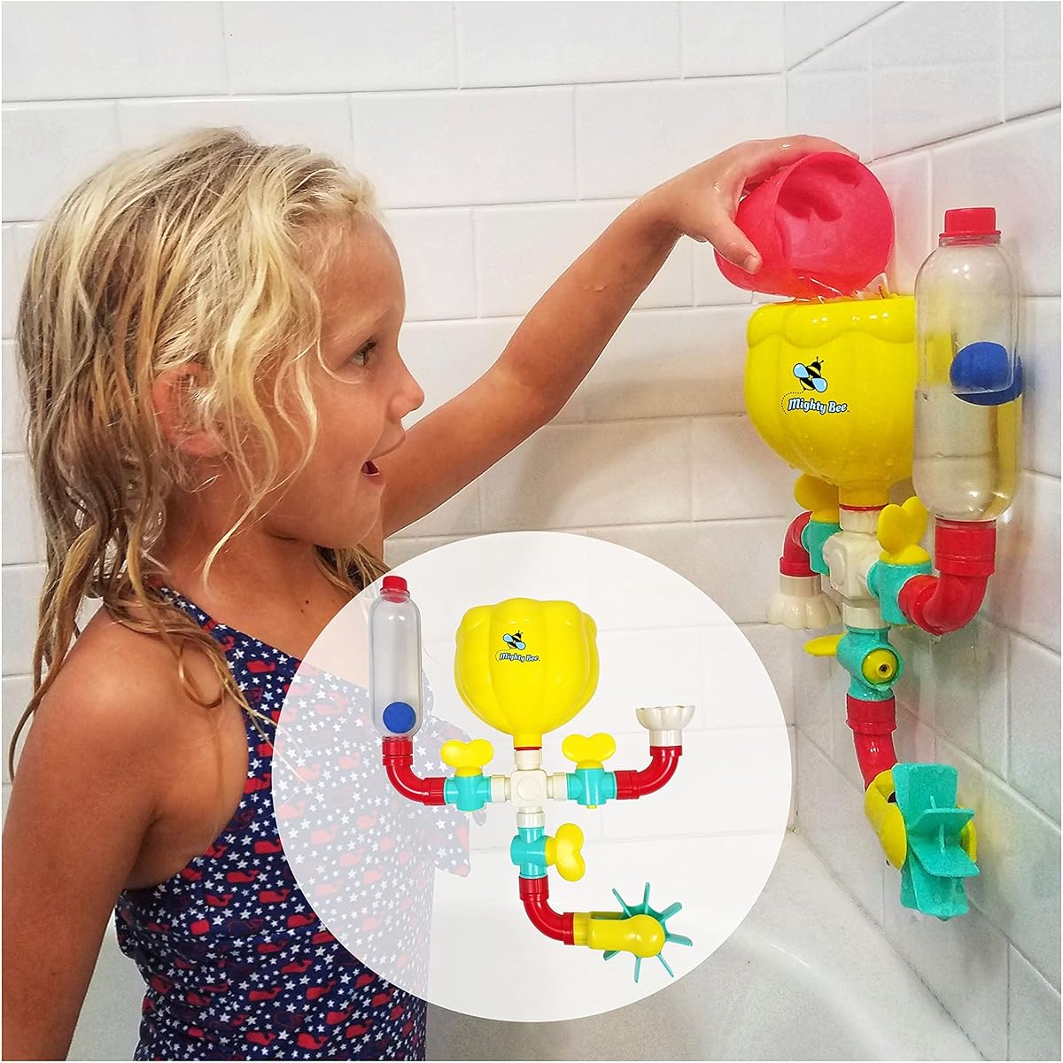 Bubble bee bath toy pipes and valves.Stem Toys with water wheel, bath pipe, knob, shower, ball, water tube.Water building toys for 3, 4, 5, 6, 7 year old toddlers, boys and girls.
