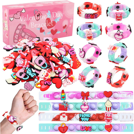 80 Pieces 16 Pack Valentine's Day Gifts for Kids Valentine Pop Bracelets Toys Kids Party Favors Valentine Exchange Gifts for Boys/Girls School/Classroom/Valentine Gifts (16 Pop Bracelets and 64 Valentine Charms), Silicone