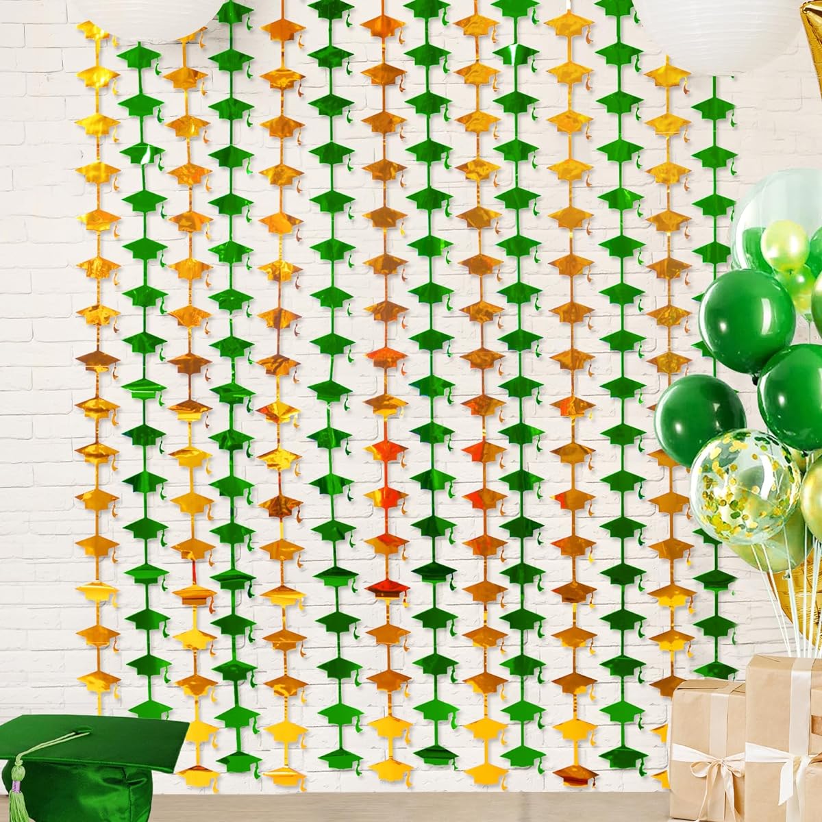 Gold and Grass Green Graduation Foil Fringe Curtains Party Decorations 2 Pack Photo Booth, Streamer Backdrop