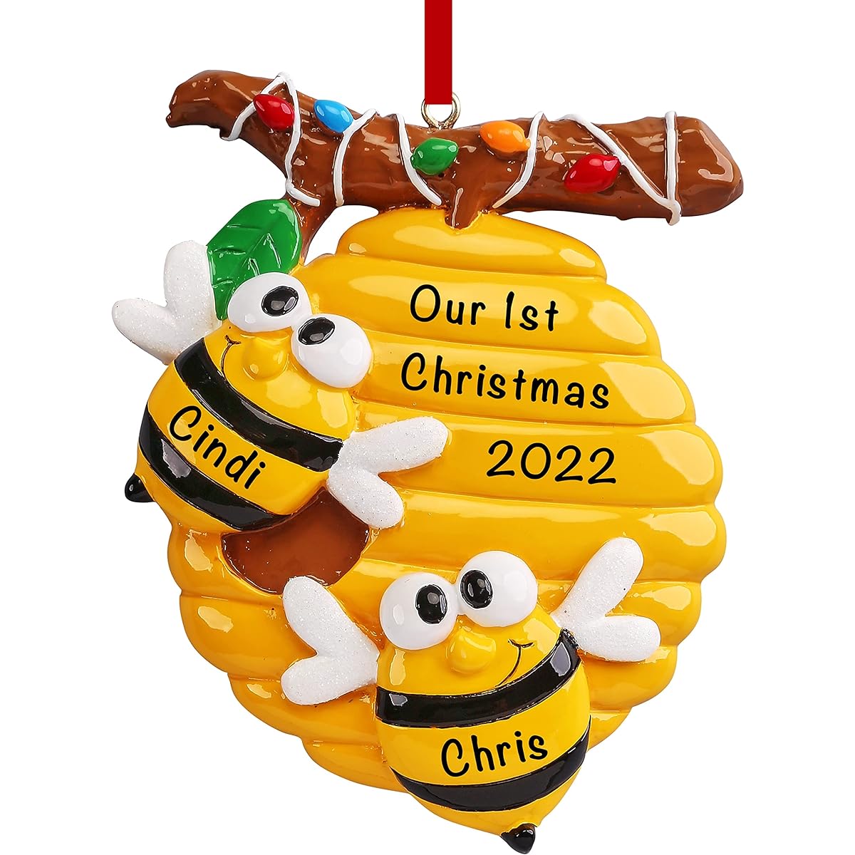 Personalized Couple Christmas Ornaments 2023 - Fast & Free 24 Hour Customization - Honeybee Couple Christmas Decorations with Name - Gift Wrapped