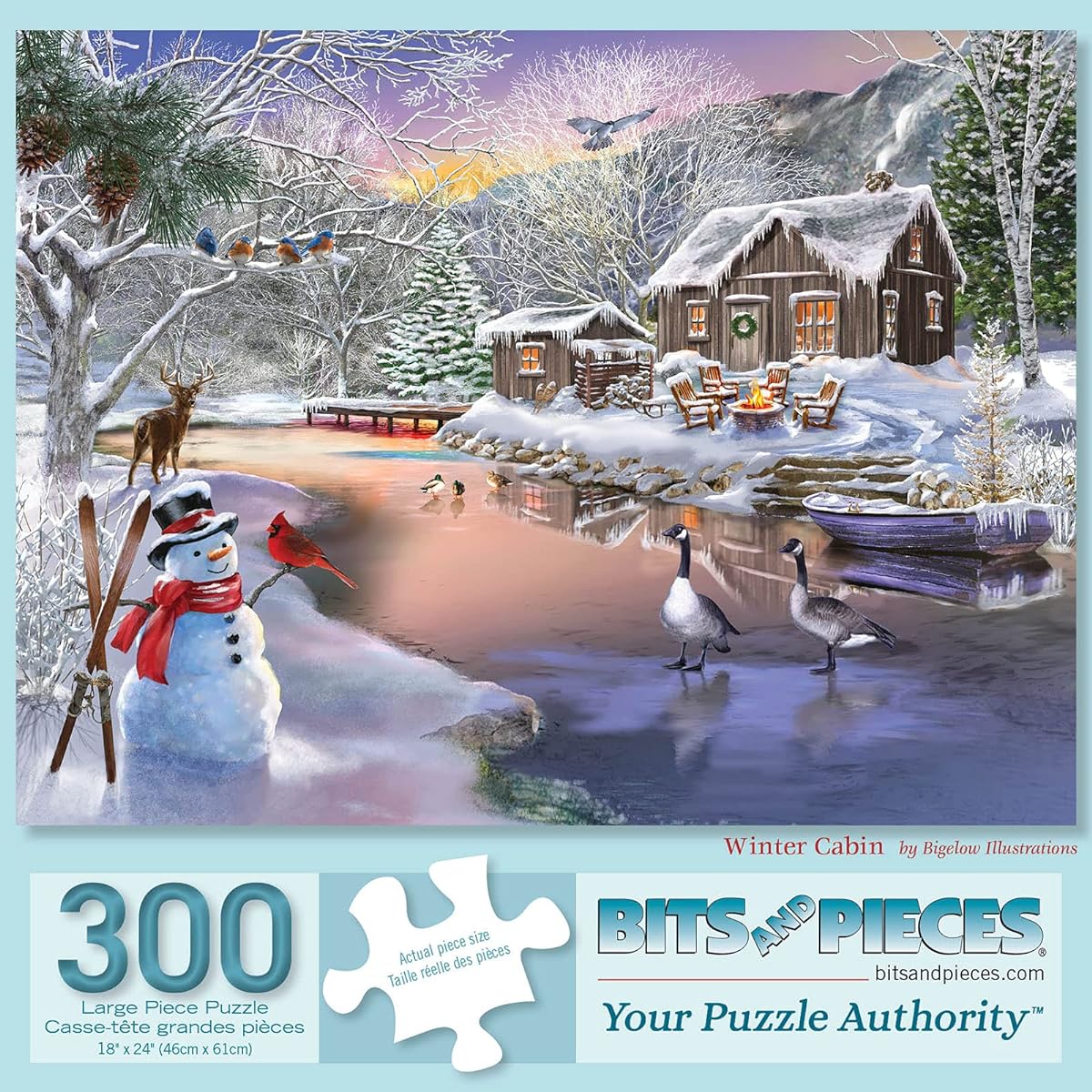 Bits and Pieces - 300 Piece Jigsaw Puzzle for Adults 18" x 24" - Winter Cabin - 300 Piece Snow Forest River Mountain Snowman Nature Jigsaw Puzzle by Artist Bigelow Illustrations