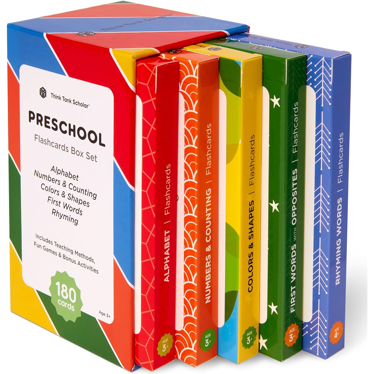 Think Tank Scholar Preschool Flashcard Set - Alphabet (ABC) Letters Math Numbers & Counting Colors & Shapes First Words & Opposites & Rhymes for Toddlers Ages 3-6