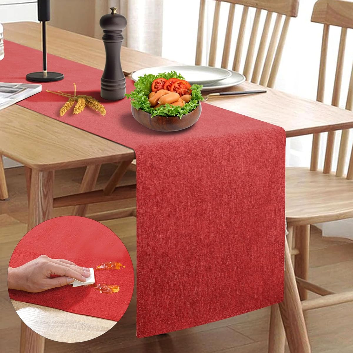 Rinpon PU Farmhouse Table Runner Waterproof Thick Rustic Table Runner Durable Pastel Table Runner for Living Room Dining Room Kitchen Bedroom Dresser (Red)