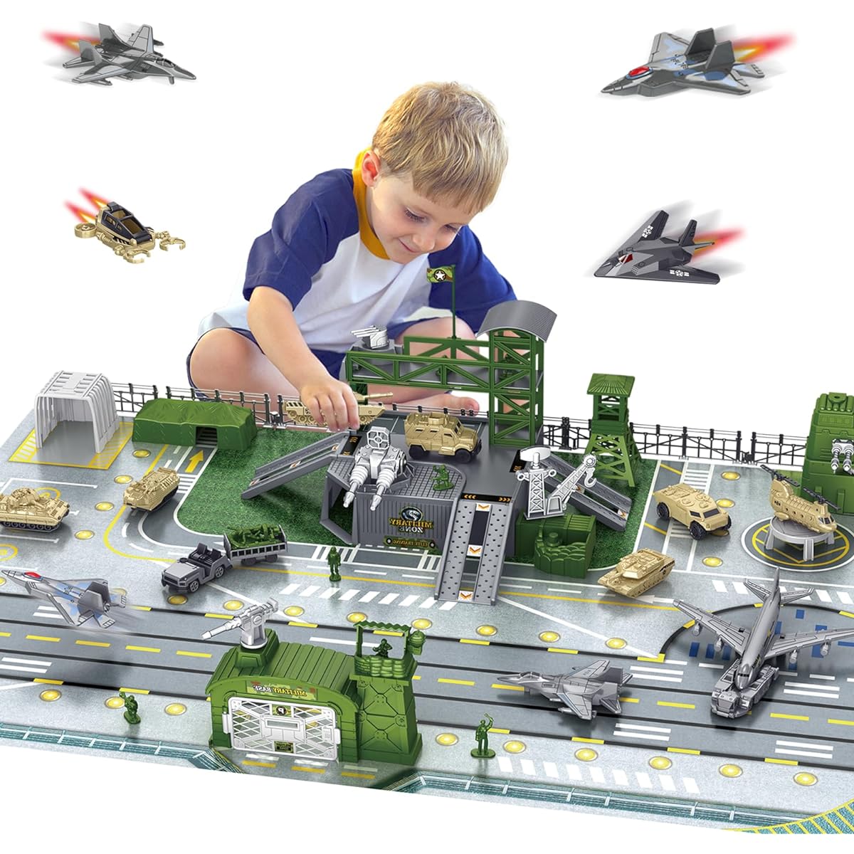 WASAiKA Military Base Toy Set, Army Toys Playset, Army Male Action Figure, Airplane Toy, Army Tank, Helicopter, Vehicle Accessories, Army Base Play Map, Birthday Gift, Toys for Boys