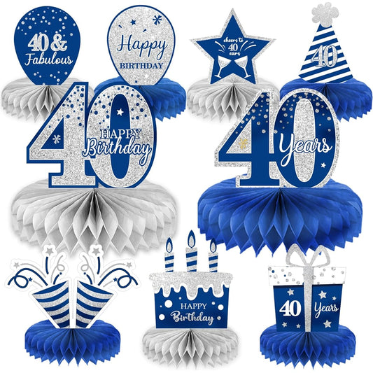 9 Pieces Blue Silver 40th Birthday Decorations, 40th Birthday Centerpieces Table Decorations Cheers to 40 Honeycomb Table Topper 40th Birthday Decorations for Men and Women 40th Birthday Party