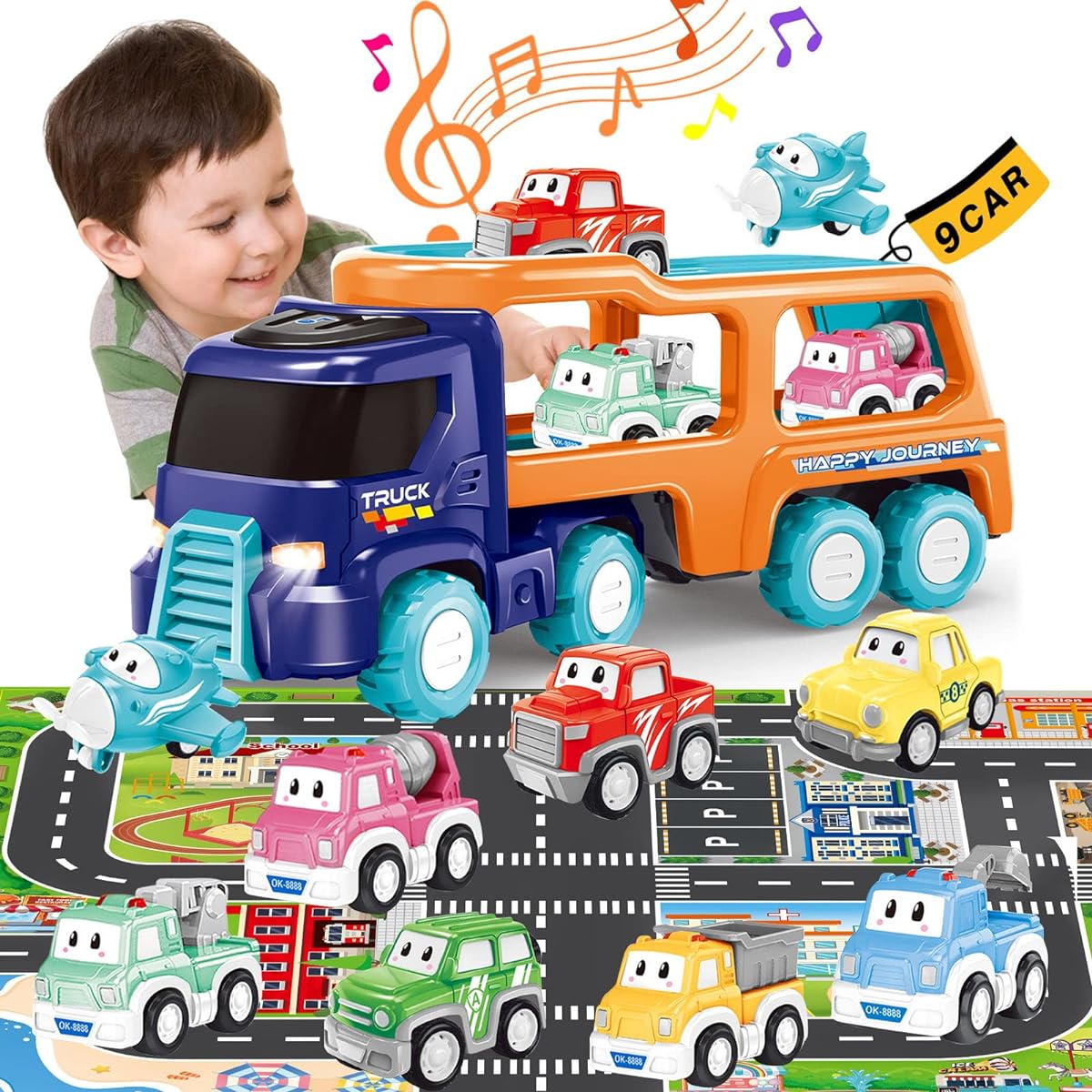 Toy Truck Car for 3 4 5 Years Old Toddler Boys Girls 9 in 1 Carrier Vehicle Toy Truck with Light Sound and Play Mat Vehicle Toy Truck Kids Boys Girls Birthday Christmas Gift