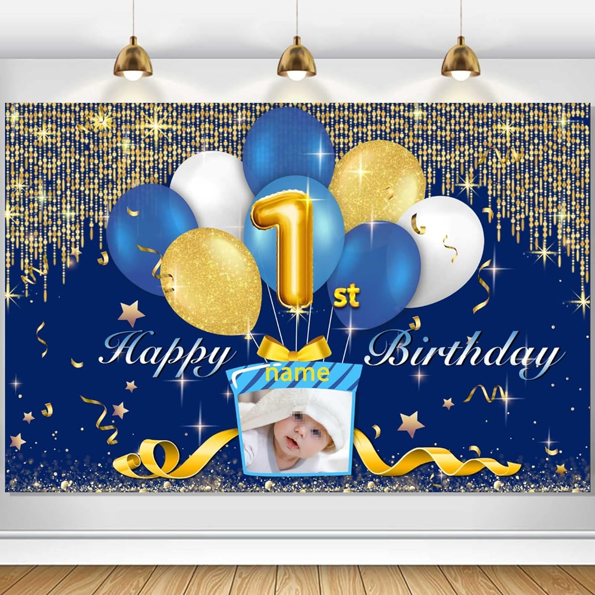 Custom 1st Birthday Decoration Banner - Personalize the celebration with your own photo and name - Navy Blue