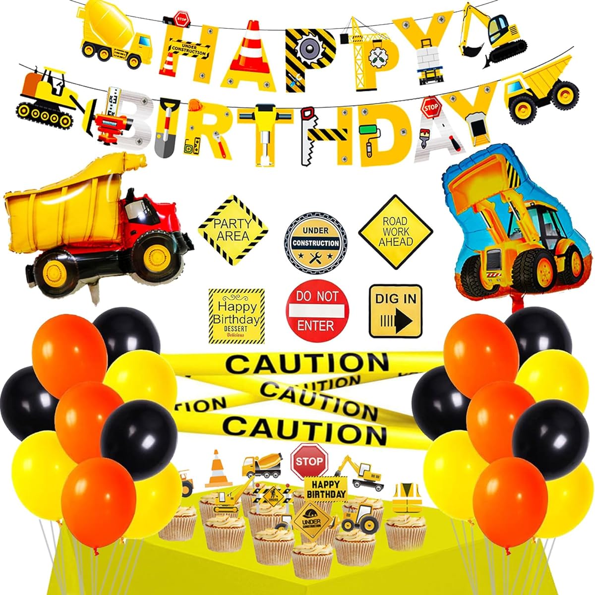 Party Supplies Set 41pcs Bulldozer Dump Truck Foil Balloons Party Decorations Kit Vehicles HAPPY BIRTHDAY Banner Cupcake Toppers Warning Tape Traffic Sign Stickers Balloons Garland Table Cover Kids Boys Birthday Baby Shower Engineering Theme Party Favors