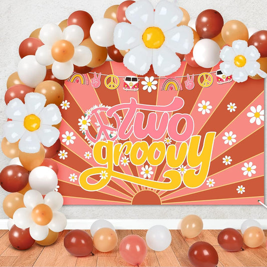 44 Pieces Hippie Boho Two Groovy Party Decorations, Two Groovy Banner Hippie Boho Daisy Party Balloon Arch Kit for Girls, Boys, 2nd Birthday Party, Baby Shower