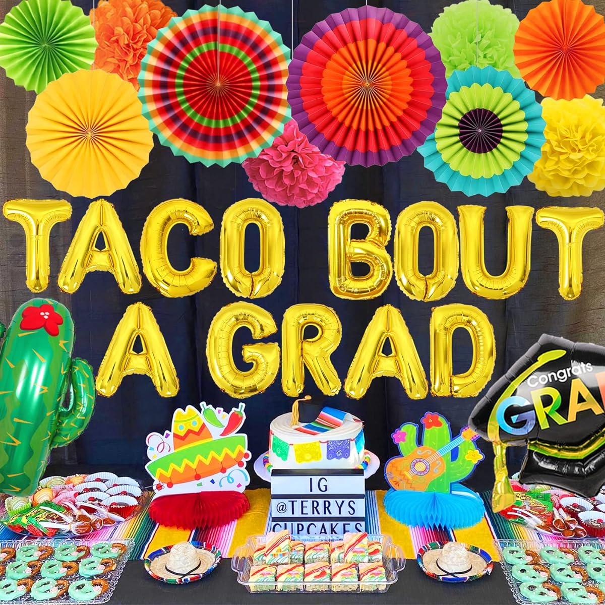 Mexican Fiesta Graduation Decorations 2022 Taco Bout Graduation Banner, Cactus & Graduation Cap, Foil Balloons, Hanging Paper Fan Flowers, 2022 Graduation Party Supplies
