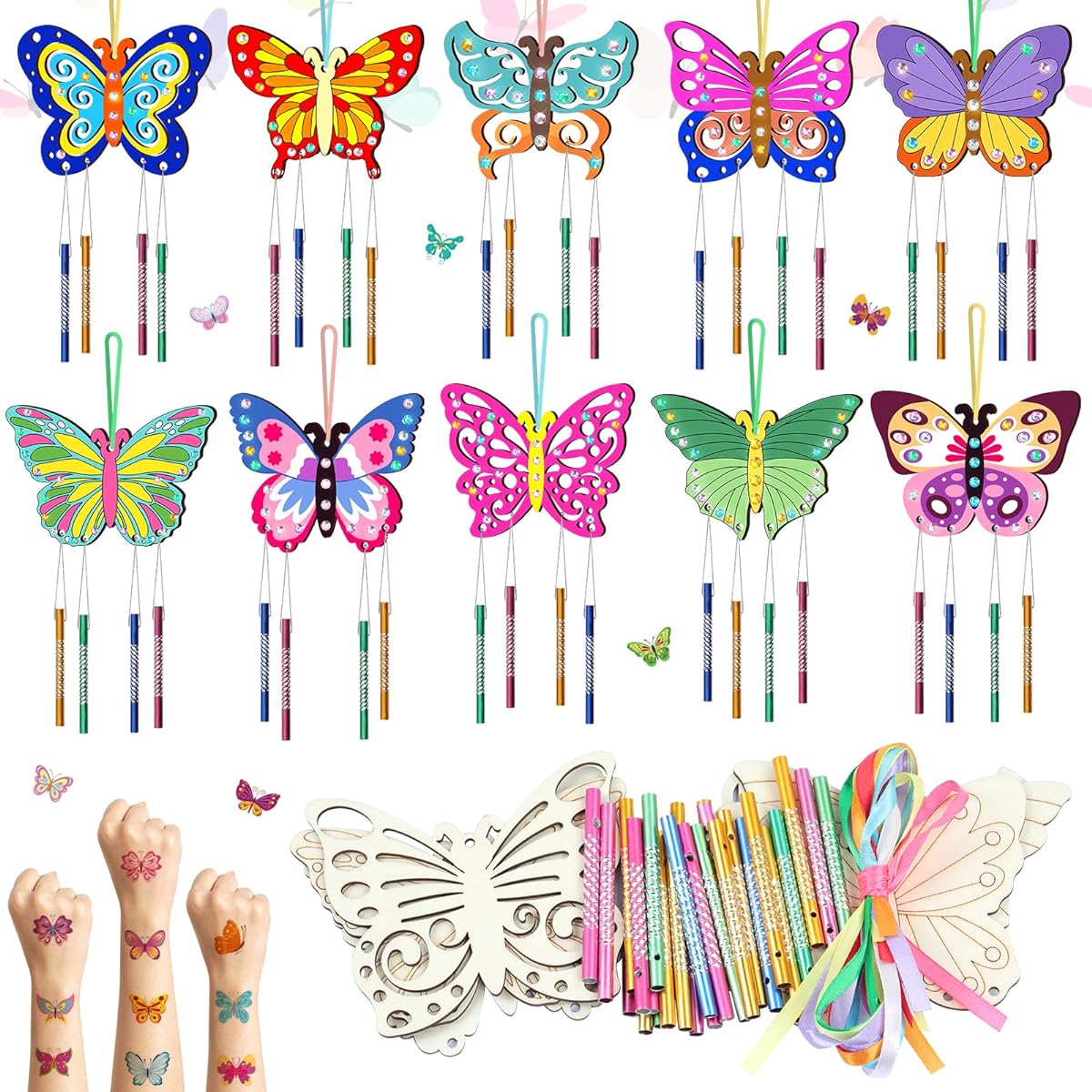 10 Pack Butterfly Wind Chime Kit for Kids - Make Your Own Butterfly Wind Chimes Wood Crafts DIY Wind Chimes Kit DIY Coloring Butterfly Ornaments for Girls and Boys