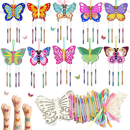 10 Pack Butterfly Wind Chime Kit for Kids - Make Your Own Butterfly Wind Chimes Wood Crafts DIY Wind Chimes Kit DIY Coloring Butterfly Ornaments for Girls and Boys