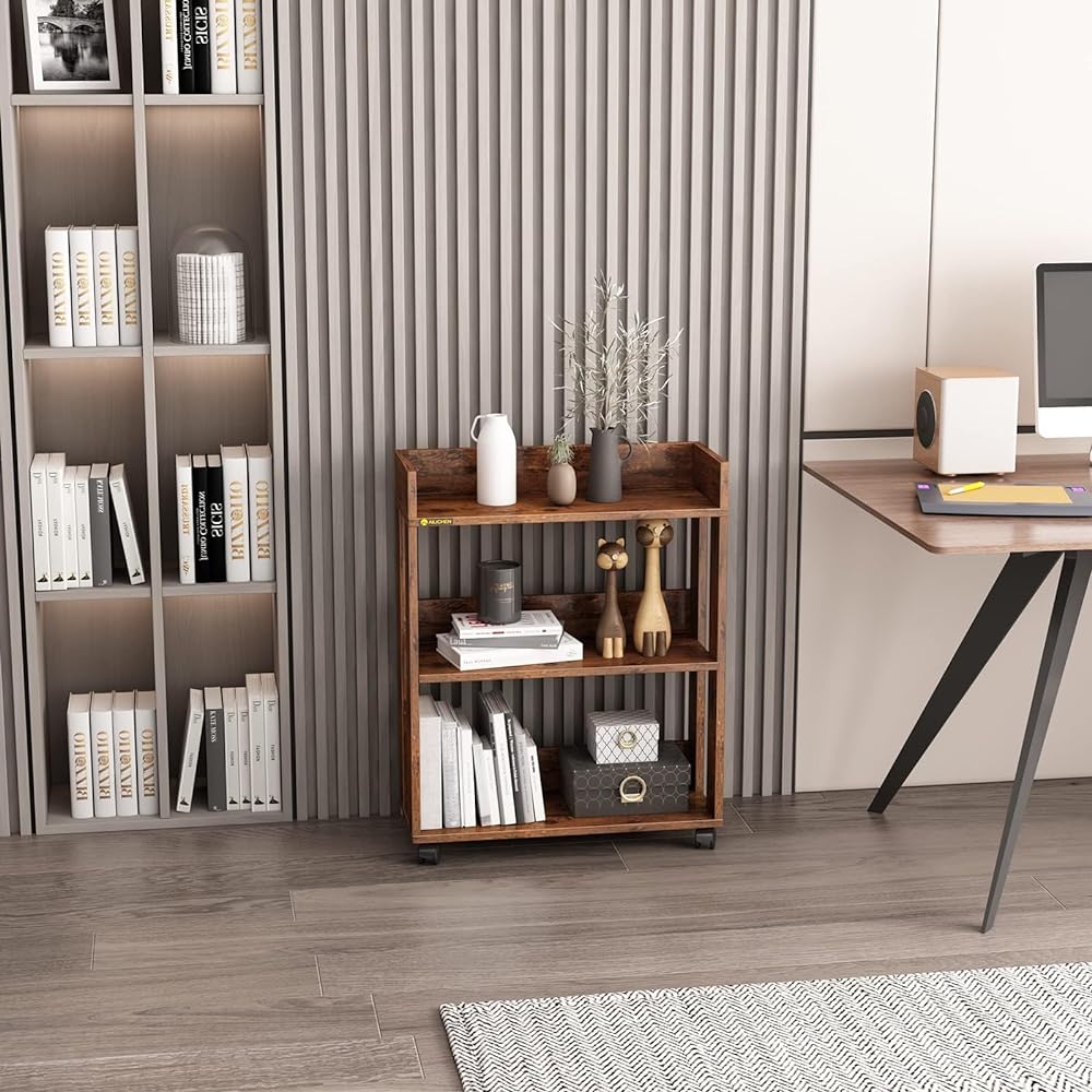 MIN WIN Open Rack Storage Shelf with Casters 3 Tiers Open Shelf Rack Bookshelf Width 62cm Rack Shelf Movable Small Rack Display Living Storage Slim Gap Storage Wooden Shelf Board Vintage