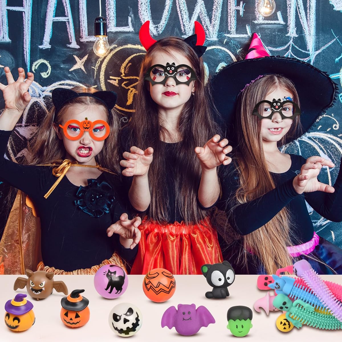 Halloween toys, Halloween party souvenirs, bulk shopping items, kids gifts, class prizes, squishy toys, skeletons, glow in the dark sticky balls, slap bracelets, pull back cars, etc.
