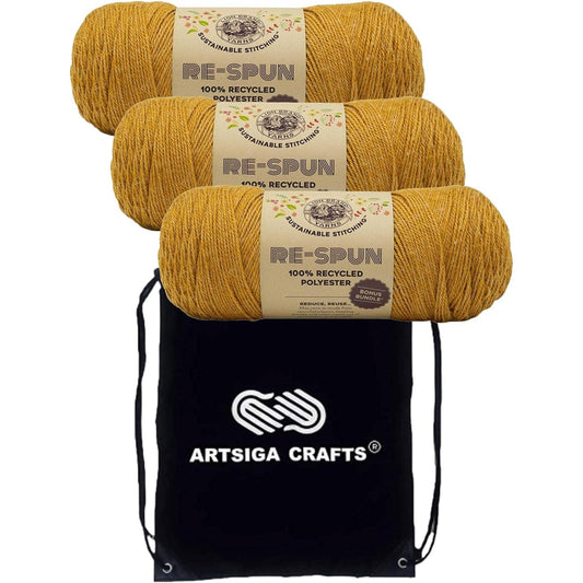 Lion Brand Knitting Yarn Re-Spun Bonus Bundle Yarn Corn Silk 126-158 (3 Skeins) Same Dyed Lot Worsted Medium #4 Soft 100% Recycled Polyester Bundle with 1 Artsiga Kraft Bag