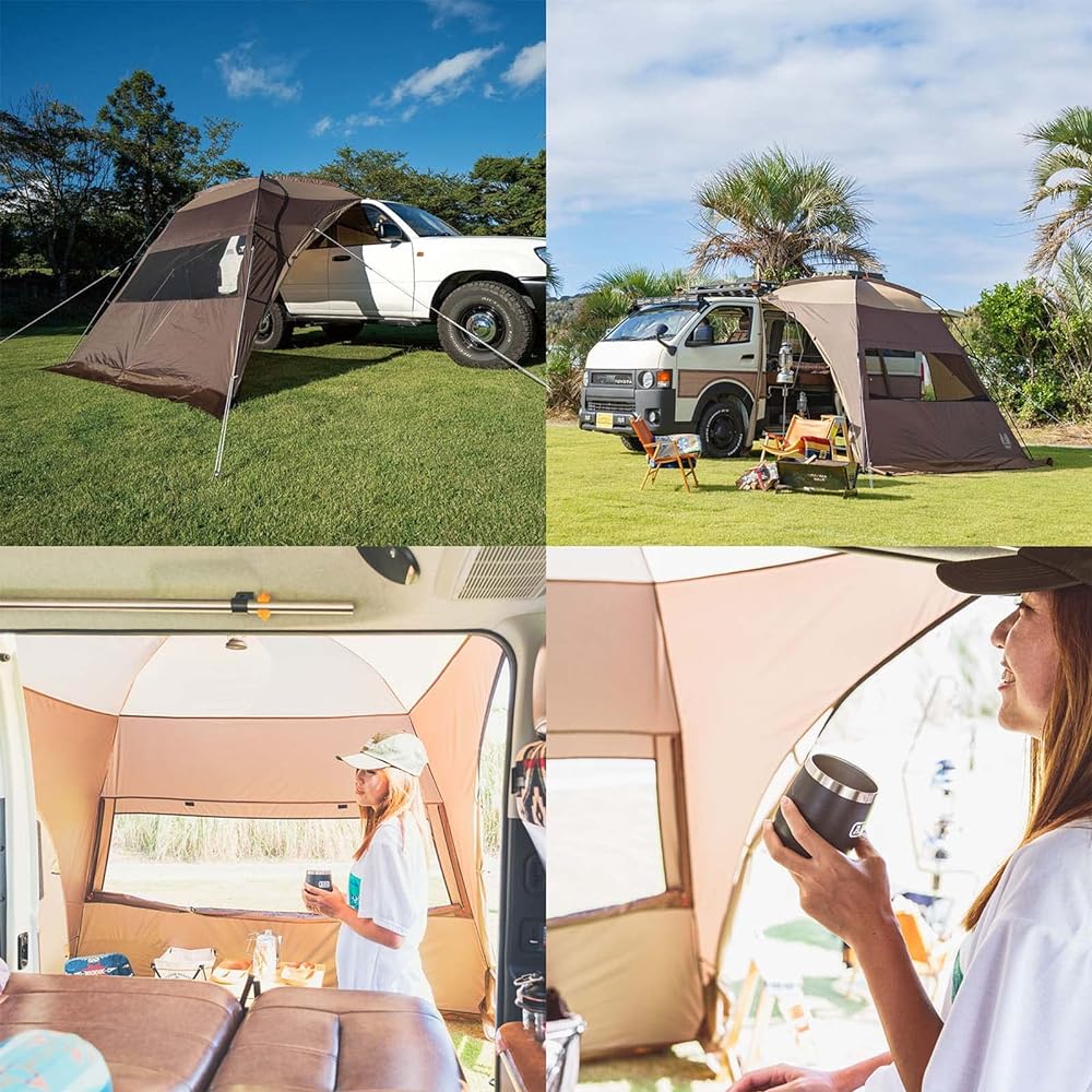ogawa Camping Outdoor Car Side Tent Car Side Shelter 2 [2 Person] 2337 Sand Beige x Dark Brown & Tent Tarp Pole AL Ratchet Pole 210cm (4 Pieces) 3046 [Set Purchase]