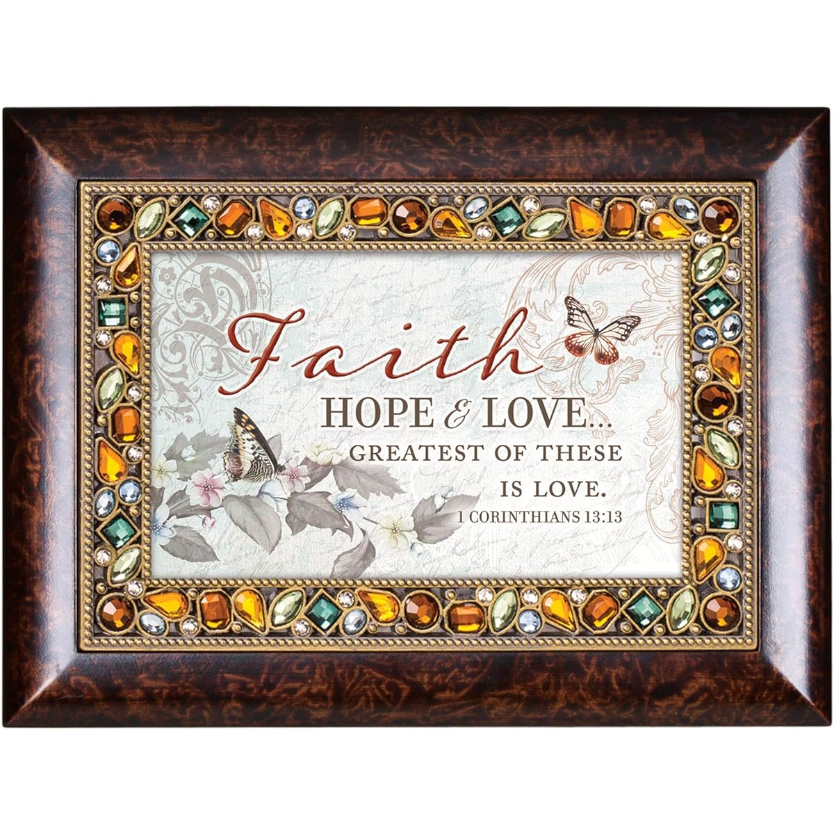 Cottage Garden Faith Hope Greatest is Love Amber Earth Tone Jeweled Music Box Amazing Grace