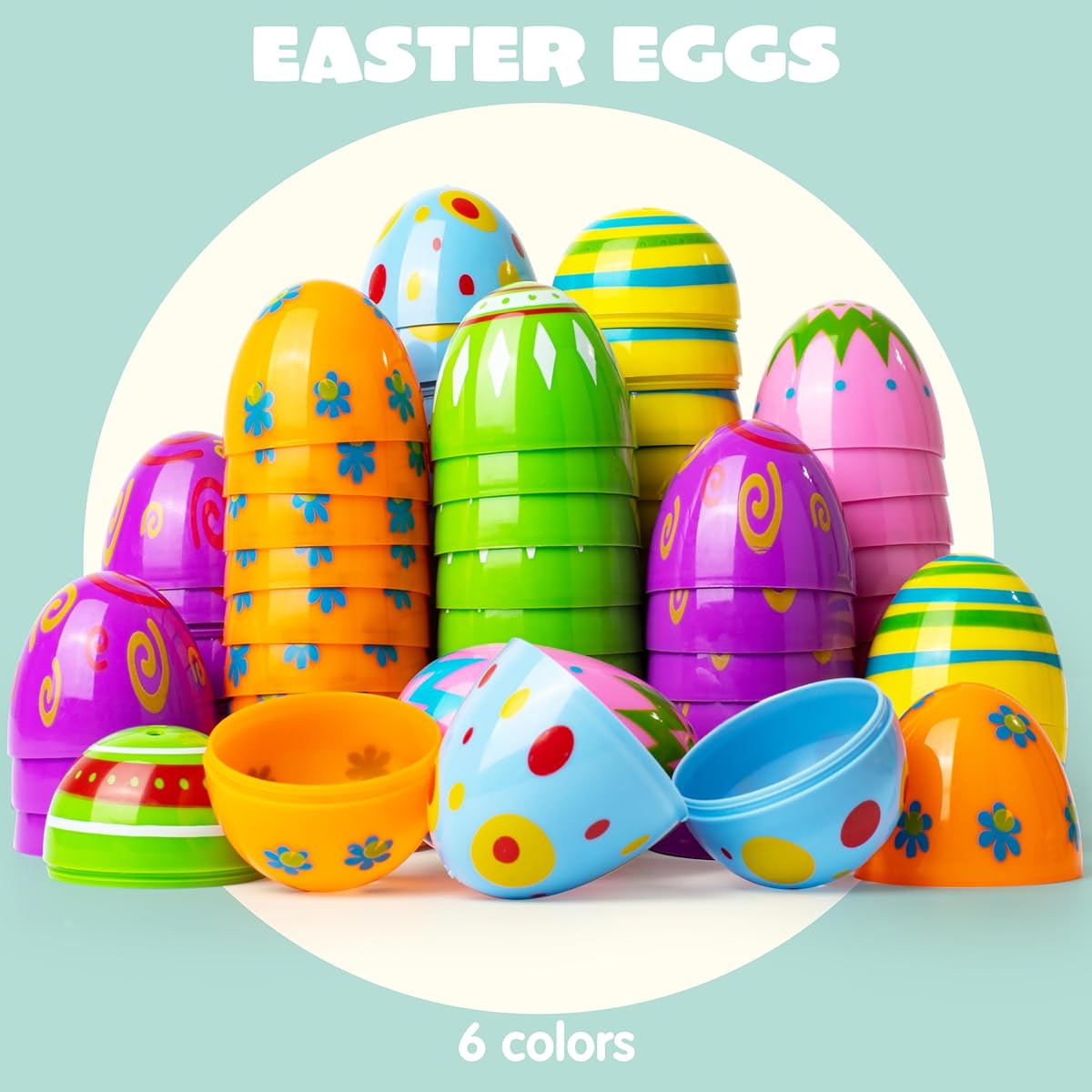100 Plastic Printed Bright Easter Eggs 2 3/8" Tall for Easter Hunt Basket Stuffers Classroom Giveaway Supplies Candy Stuffers Party Favors