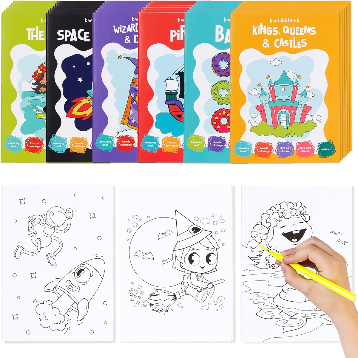 THE TWIDDLERS - 24 Mini Colouring Books for Kids, A6 Paper Size - Fun Assorted Designs Children Art Activity Gift Set, Party Favours and Stocking Fillers