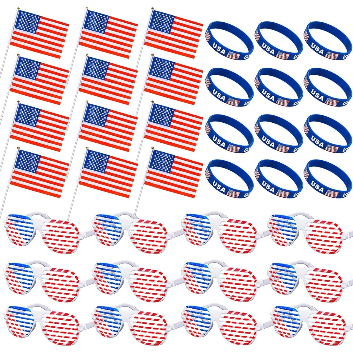 TOY Life 4th of July Party Favors Set 4th of July with American Flag Sticks Patriotic Glasses Bracelets Patriotic Party Supplies Independence Day 4th of July Party Decorations