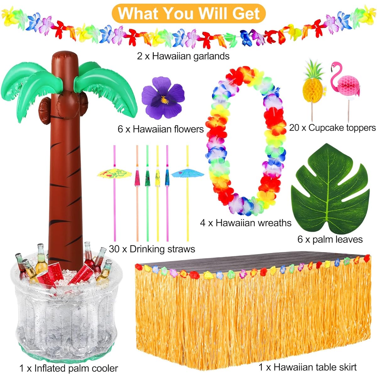 Fovths 70 Pack Luau Party Decorations Hawaiian Beach Theme Party Favors 60 Inch Inflatable Palm Tree Coolers for Hawaii Party Luau Party Supplies