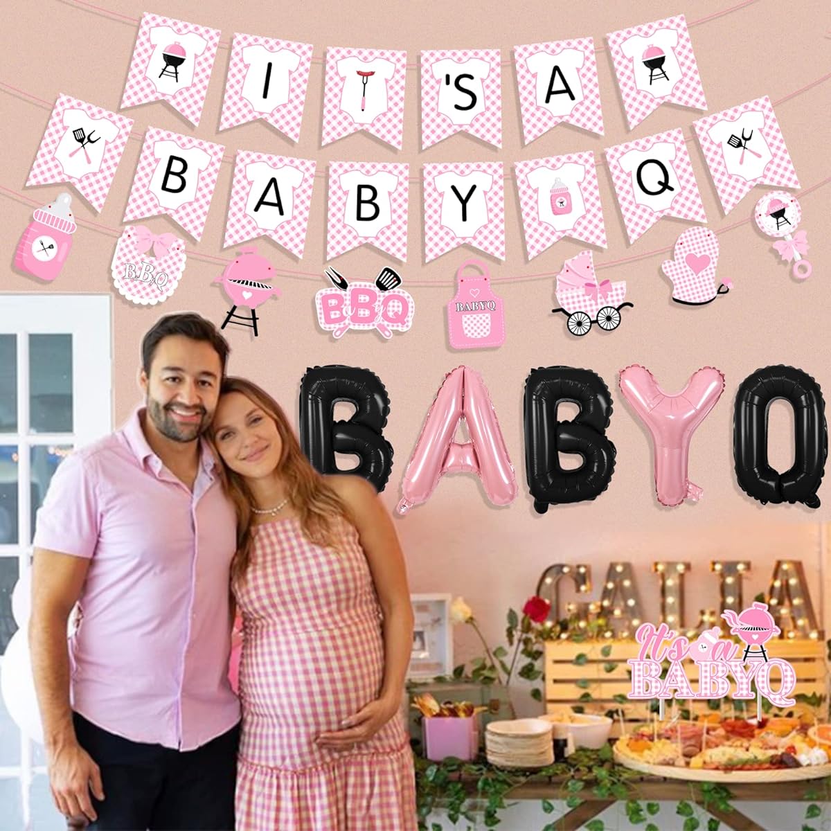 BBQ Baby Shower Decorations Girls Pink Baby Q Party Decorations Pink Plaid Tablecloth Baby Q Foil Balloons BBQ Theme Baby Shower Birthday Party