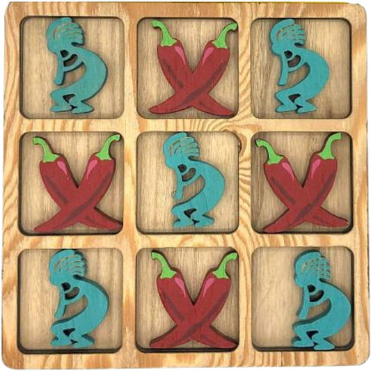 Tic-Tac-Toe 3D Wooden Board Game Large Decorative Table Set with Chili Pepper and Kokopelli Pieces 8 x 8 Inches