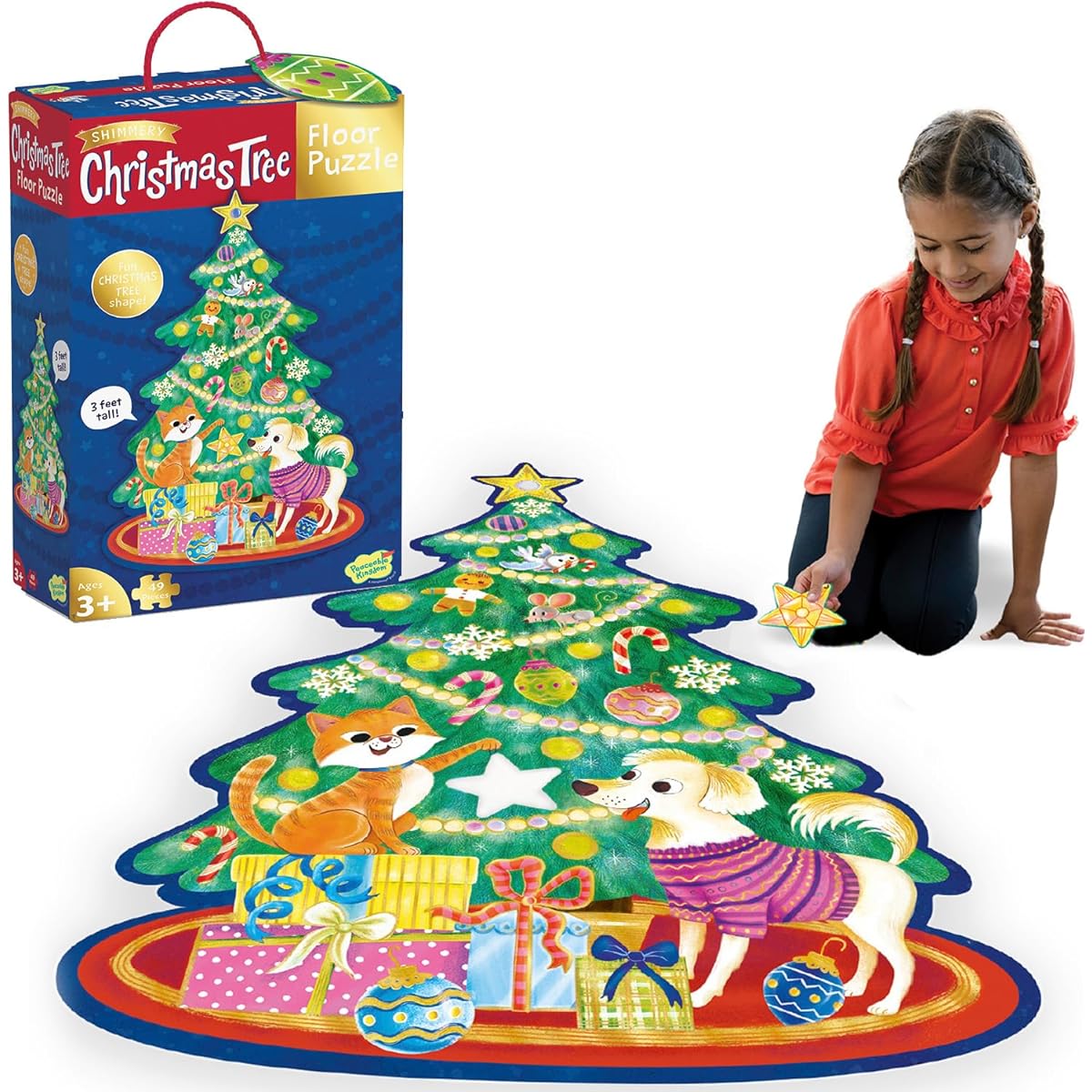 Peaceable Kingdom Sparkling Christmas Tree Floor Puzzle - Giant Floor Puzzle for Kids Ages 3 and Up - Fun Shaped Puzzle Pieces - Great for the Classroom