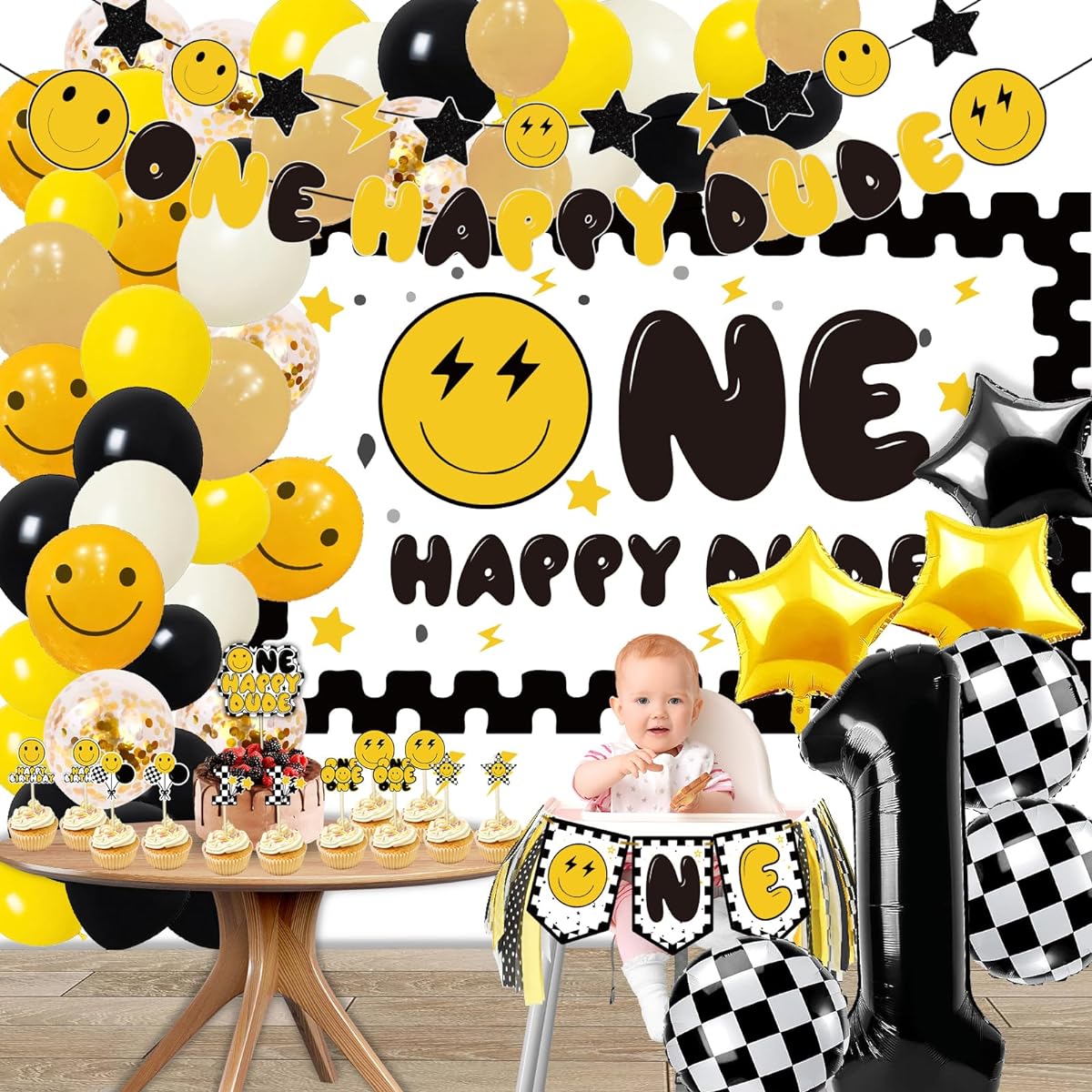 Happy Dude Birthday Decorations, First Birthday Party Supplies, 1st Birthday Decorations Balloon Kit for Boys and Girls Party Decor Yellow Black Lightning Checkered Backdrop Favors