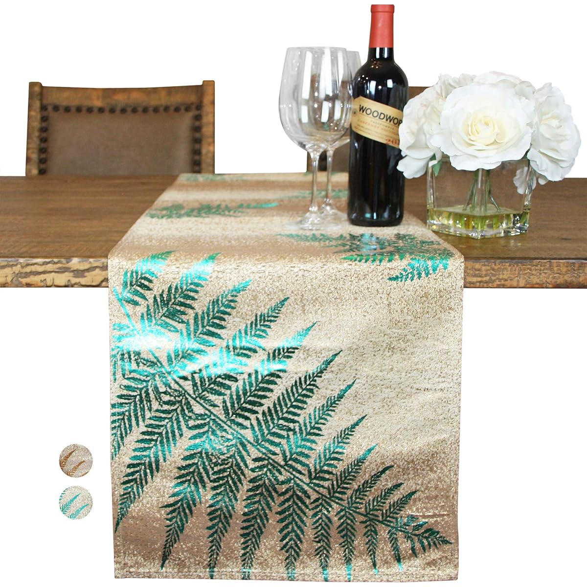 Custom Made Metallic Yarn Gold Green Table Runner - 14" x 108" Gold Table Runner for Dining Table - Modern Foil Leaf Design - Perfect for Holiday, Home Decor (108" Table Runner, Green/Gold)