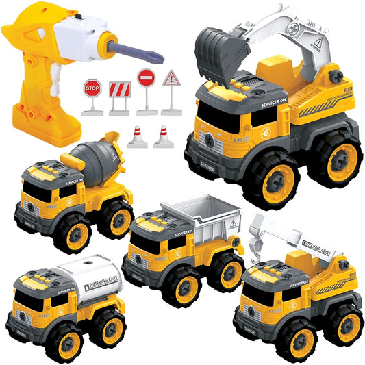 5-in-1 Take Apart Construction Toy DIY Engineering Playset with Remote Control and Power Screwdriver for Toddlers, Boys, Kids, Ages 3, 4, 5, 6 who Love Tools and Construction Machines