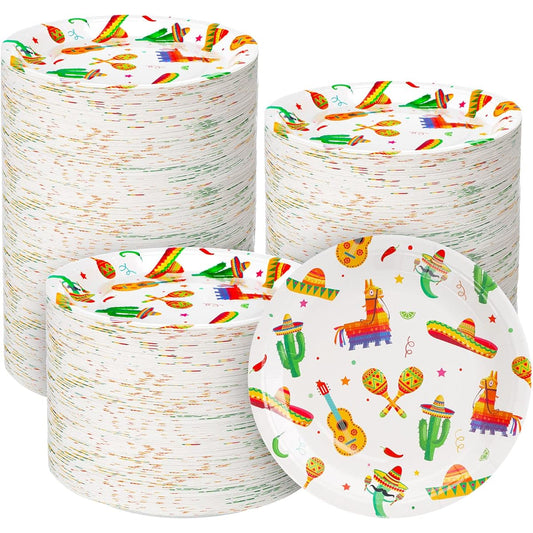200 Pieces Fiesta Paper Plates for Cinco de Mayo Party, 9 Inch Mexican Party Plates, Taco Dinner Plates, Party Supplies for Fiesta Tuesday Birthday Party Decorations