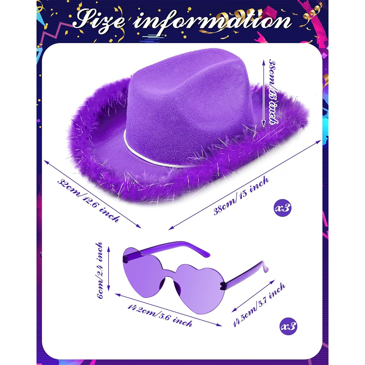 Cowboy Hat Boa Cowgirl Hat with Heart Sunglasses Boa Cowboy Hat for Women Girls Western Party Costume 6 Pieces