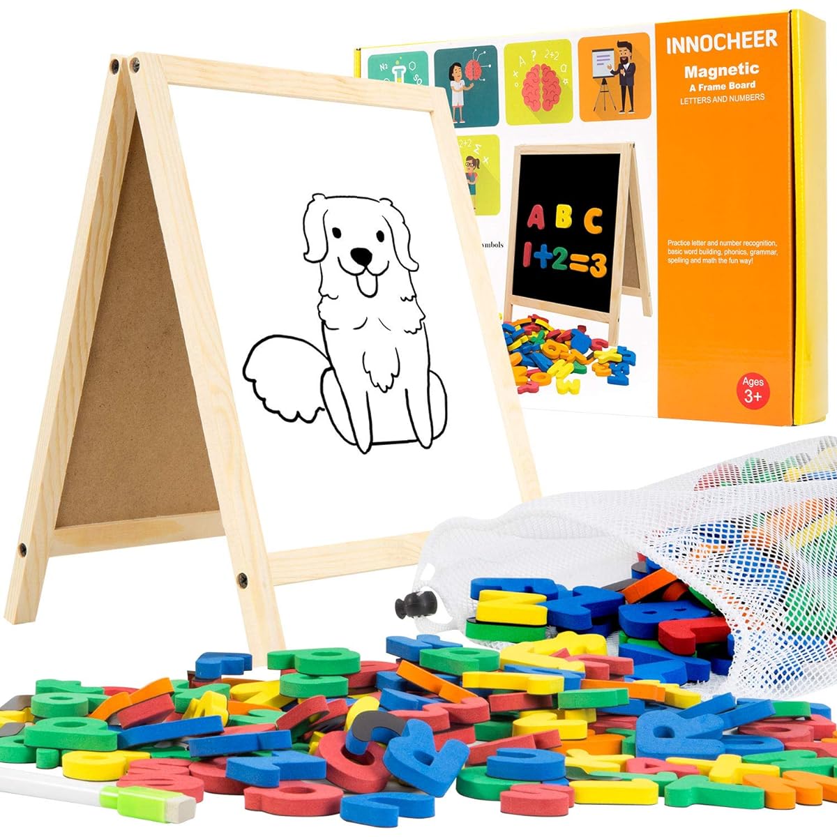 INNOCHEER Magnetic Letters and Numbers with Easel for Kids - 133 Pieces Alphabet Magnets Educational Whiteboard & Chalkboard - For Toddlers Handwriting & Drawing