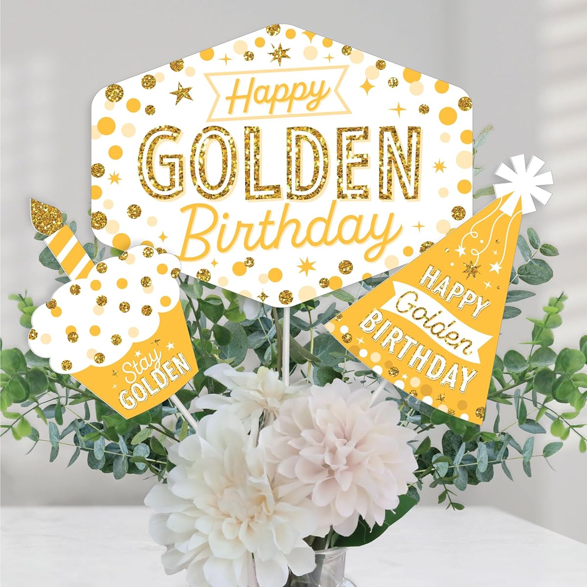 Big Dot of Happiness Golden Birthday Happy Birthday Party Centerpiece Sticks Table Toppers Set of 15