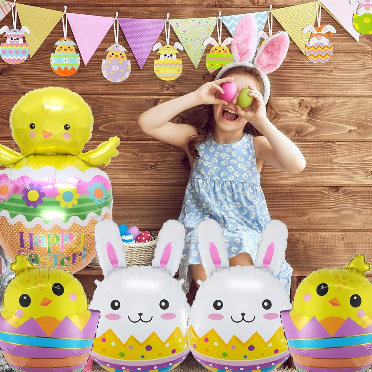 6pcs Easter Egg Balloons Bunny Balloon Chick Bunny Shaped Easter Egg Mylar Balloon Easter Rabbit Birthday Baby Shower Party Decoration